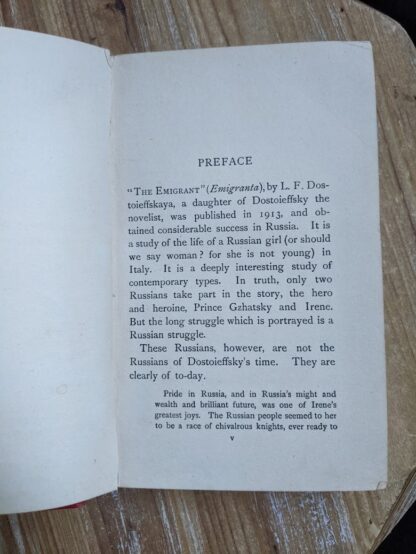 Preface inside a 1916 copy of The Emigrant by Dostoieff Skaya