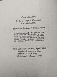 copyright page up close inside a 1947 copy of Anne of Avonlea by Montgomery