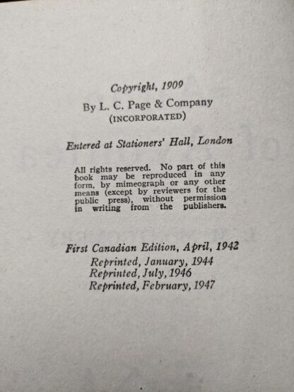 copyright page up close inside a 1947 copy of Anne of Avonlea by Montgomery