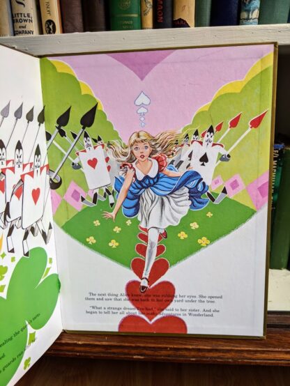 illustrated back paste down and endpaper of Alice running from Queens guards - 1985 Alice in Wonderland - Ottenheimer Publishers - Printed in Italy