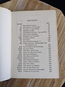 Table of Contents page 1 of 2 inside a 1932 copy of The Flying Carpet by Richard Halliburton - First Edition