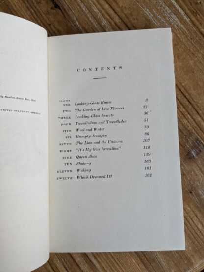 Contents page inside a 1946 Through The Looking-Glass - Two Volumes - by Lewis Carroll. Published by Random House, New York - Special Edition