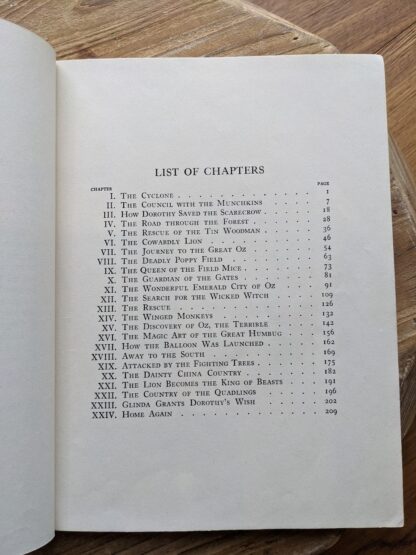 List of Chapters inside a 1944 copy of The New Wizard of Oz by L. Frank Baum - Illustrations by Evelyn Copelman