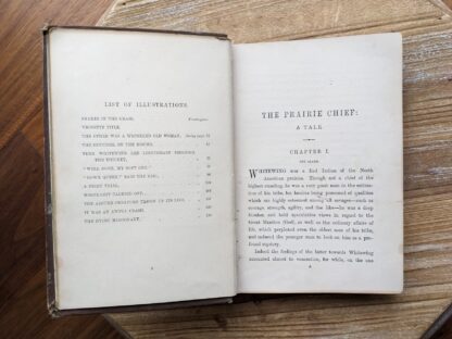 List of Illustrations and First page inside a 1886 copy of A Prairie Chief A Tale. By R.M Ballantyne