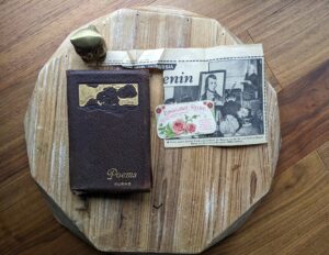 Ephemera inside a scarce undated copy of The Poetical Works of Robert Burns - Limp Vellum calf leather