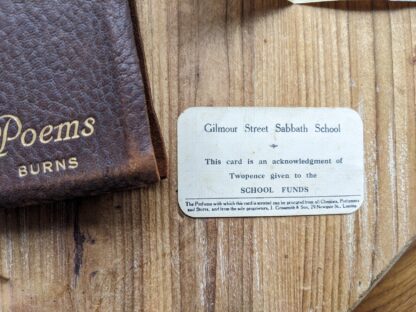 backside of the Ephemera up close found inside a scarce undated copy of The Poetical Works of Robert Burns - Limp Vellum calf leather
