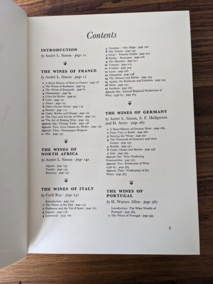 first page of Contents - 1967 Wines of the World edited by Andre L. Simon - McGraw-Hill Book Company