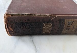 cloth split down bottom half of spine edge - 1887 The Story of the Bible by Charles Foster - The Royal Publishing Company-