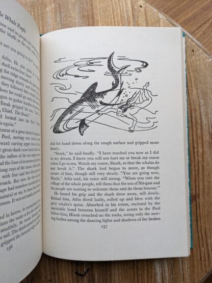 He loosed his grip and the shark drew away - 1962 The Whale People by Roderick Haig-Brown - First Edition - drawing by Mary Weiler