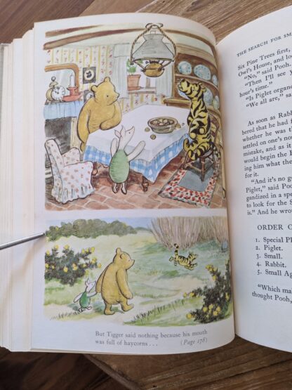 But Tiggar said nothing because his mouth was full of haycorns - Colour illustration inside a 1957 copy of The World of Pooh