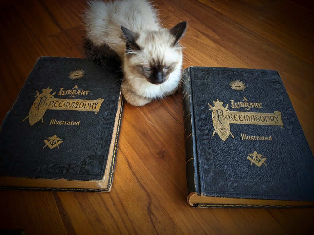 front panel view with a ragdoll cat - The 20th Century Edition De Luxe A Library of Freemasonry Illustrated Five Volume Set - Published in 1911 by The John C. Yorston Publishing Co.