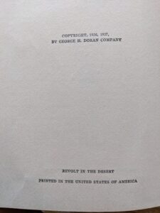 1927 Revolt in the Desert by T. E. Lawrence, 1st US Edition - copyright up close