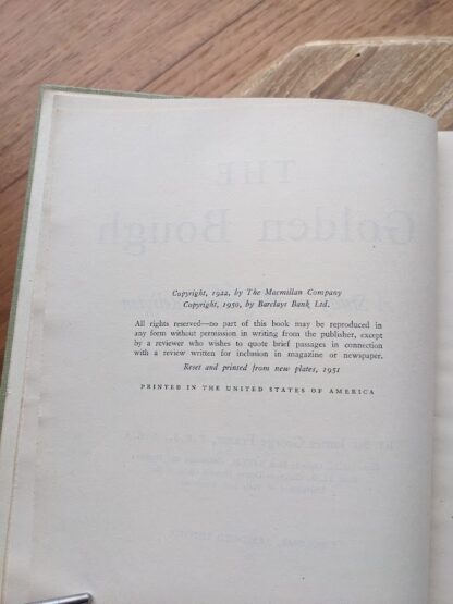 Copyright page up close - 1951 The Golden Bough - A Study in Magic and Religion by Sir James Frazer