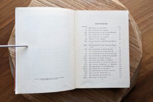 printing info and page 1 of 2 of Contents - 1932 The Magic Walking Stick & Arabian Nights - published by Purnell and Sons
