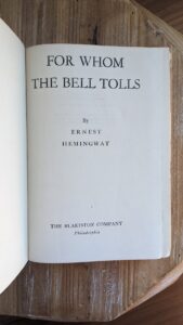 1940 For Whom the Bell Tolls by Ernest Hemingway - The Blakiston Company - Title page