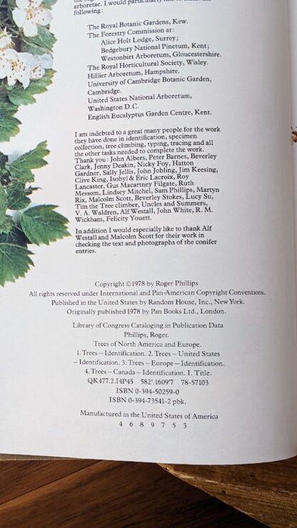 Copyright page - 1978 Trees of North America and Europe by Roger Phillips