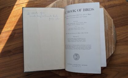 Title page and annotation on front free paper - 1937 The Book of Birds - Vol II - National Geographic Society