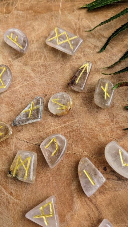 Hand Carved Rune Set on 340 Ct of Natural Golden Rutilated Quartz - up close