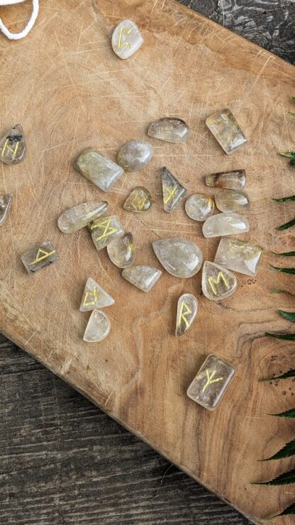 Rune Set on 340 Ct of Natural Golden Rutilated Quartz - up close - hand Carved by Ashley of Ash Tree Books