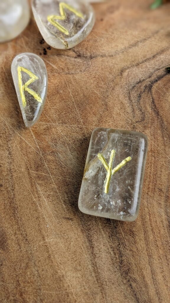 The Rune Elhaz hand carved on Golden Rutilated Quartz - carved by Ashley of Ash Tree Books