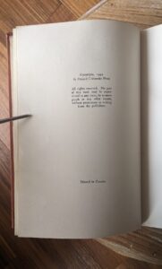 copyright page -1942 The Book of Small by Emily Carr - First Edition