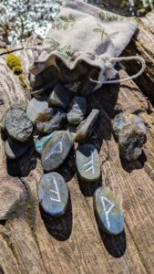 Rune Set hand carved by Ashley on Raw Rainbow Labradorite