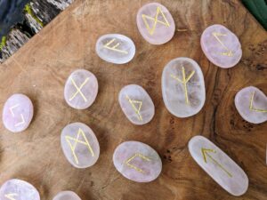 Close up view - Rune set hand carved on 1000 Ct Rose Quartz