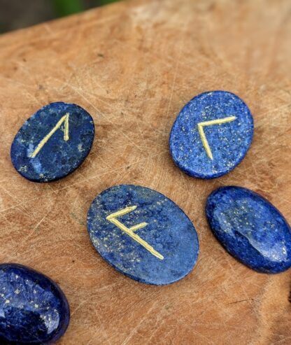 close up view - Rune set hand carved on 600 Ct Natural Blue Lapis with Gold Pyrite Spots