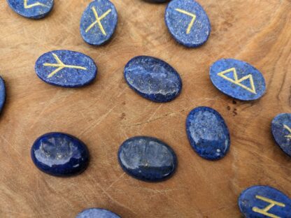 up close - Rune set hand carved on 600 Ct Natural Blue Lapis with Gold Pyrite Spots