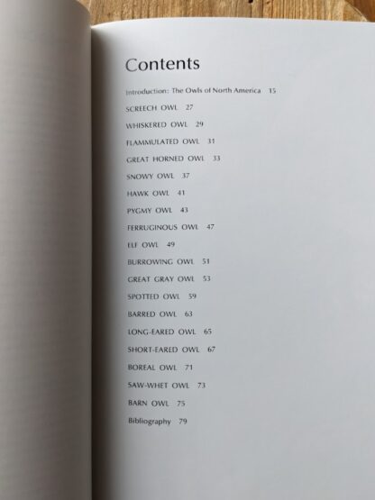 Contents page - 1979 Owls by Tony Angell - first paperback edition