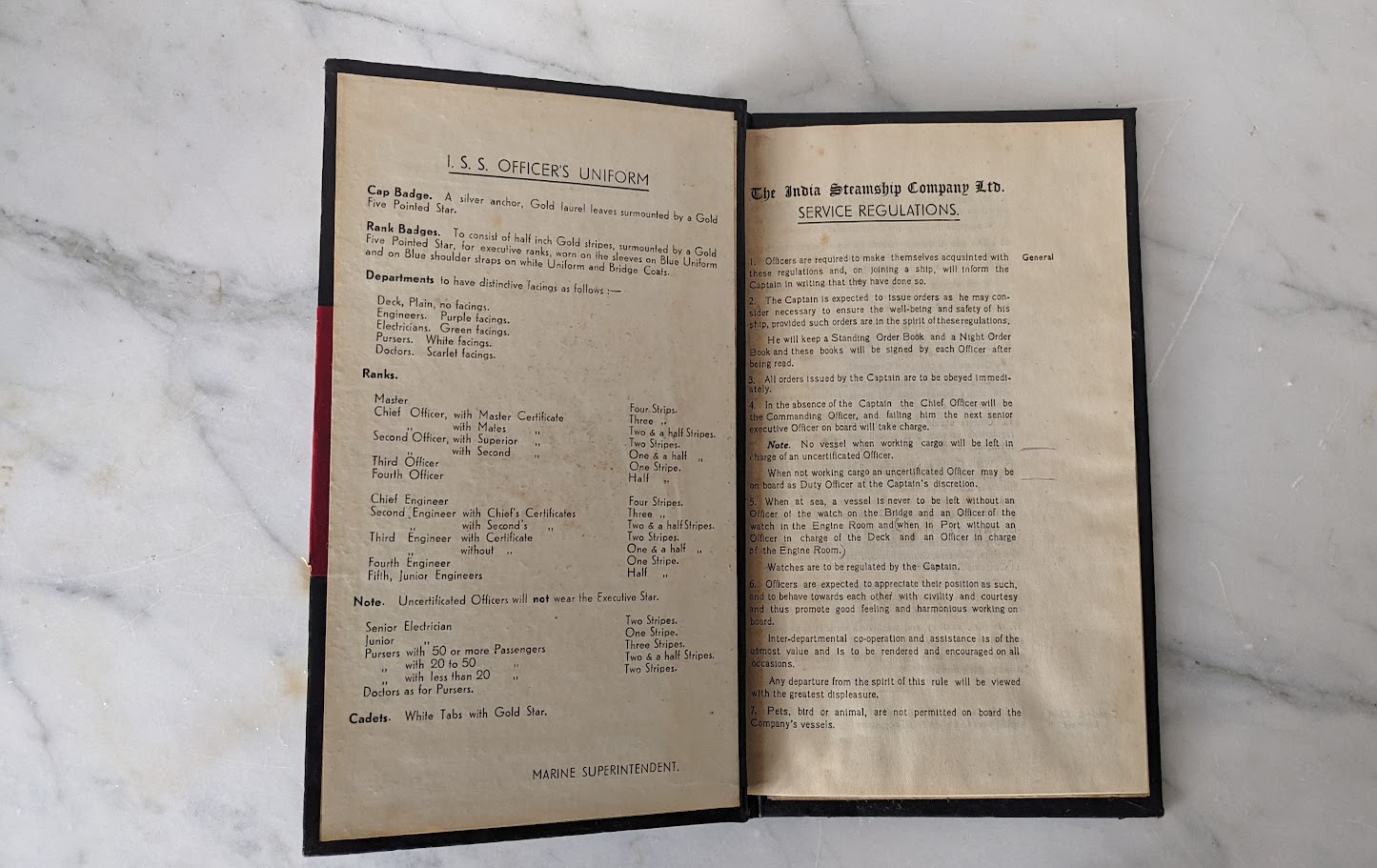 First page inside - Rare India Steamship Company Service Regulations Book – Bolted Leather Binding - c.1930s