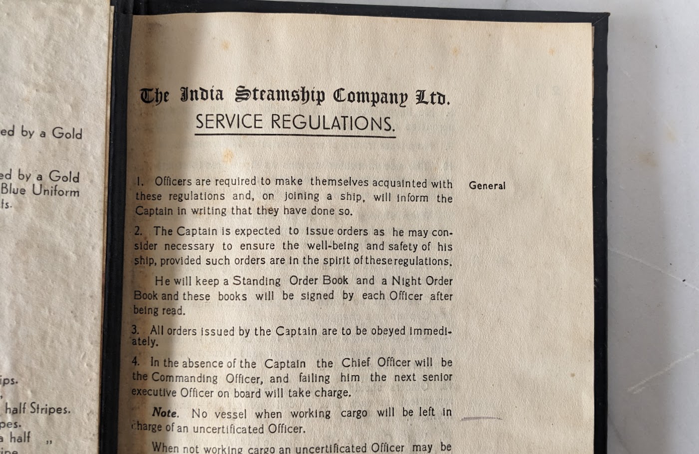 First page inside, up close - Rare India Steamship Company Service Regulations Book – Bolted Leather Binding - c.1930s