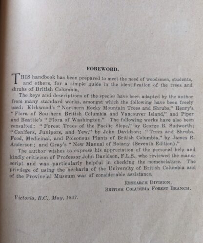 Foreword up close - 1937 A Pocket Guide to the Trees and Shrubs of British Columbia by B. G. Griffith - British Columbia Forest Branch