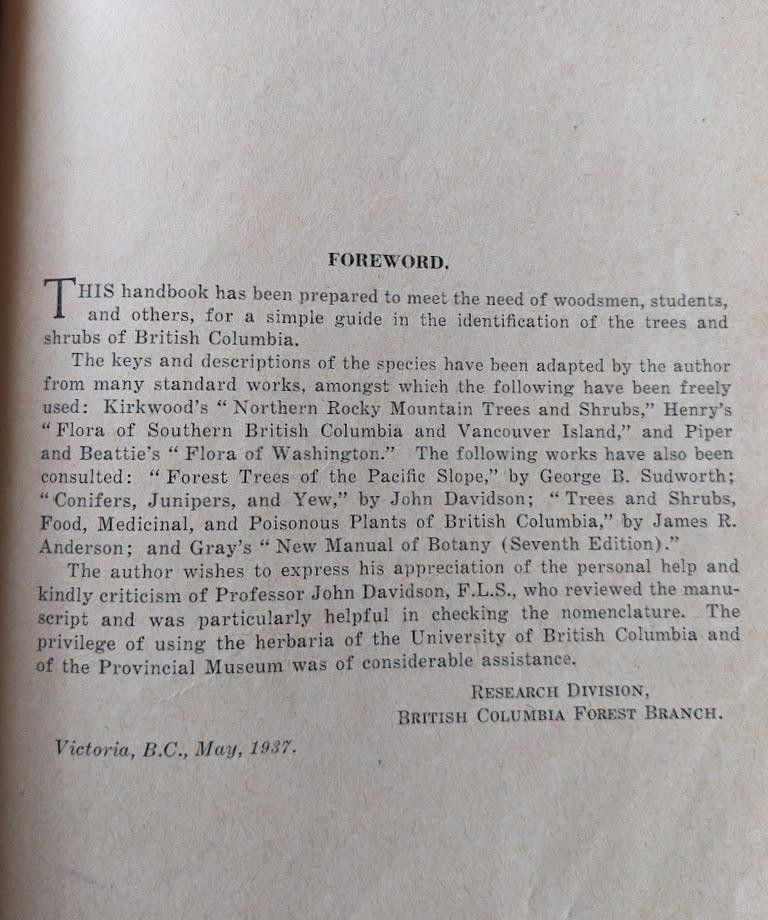 Foreword up close - 1937 A Pocket Guide to the Trees and Shrubs of British Columbia by B. G. Griffith - British Columbia Forest Branch