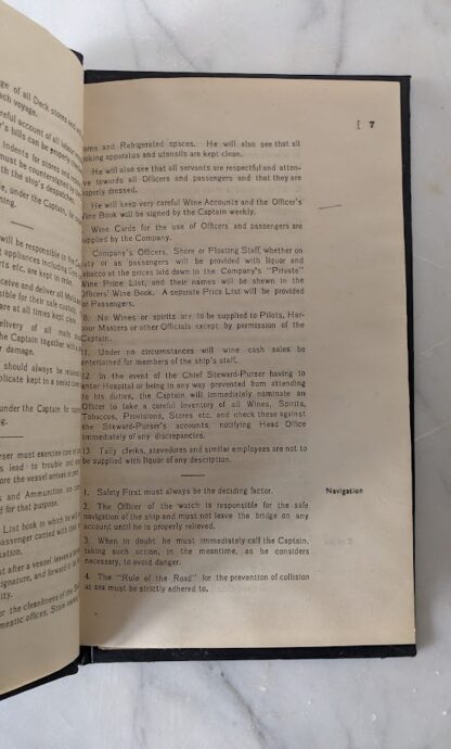 Page inside - Rare India Steamship Company Service Regulations Book – Bolted Leather Binding - c.1930s