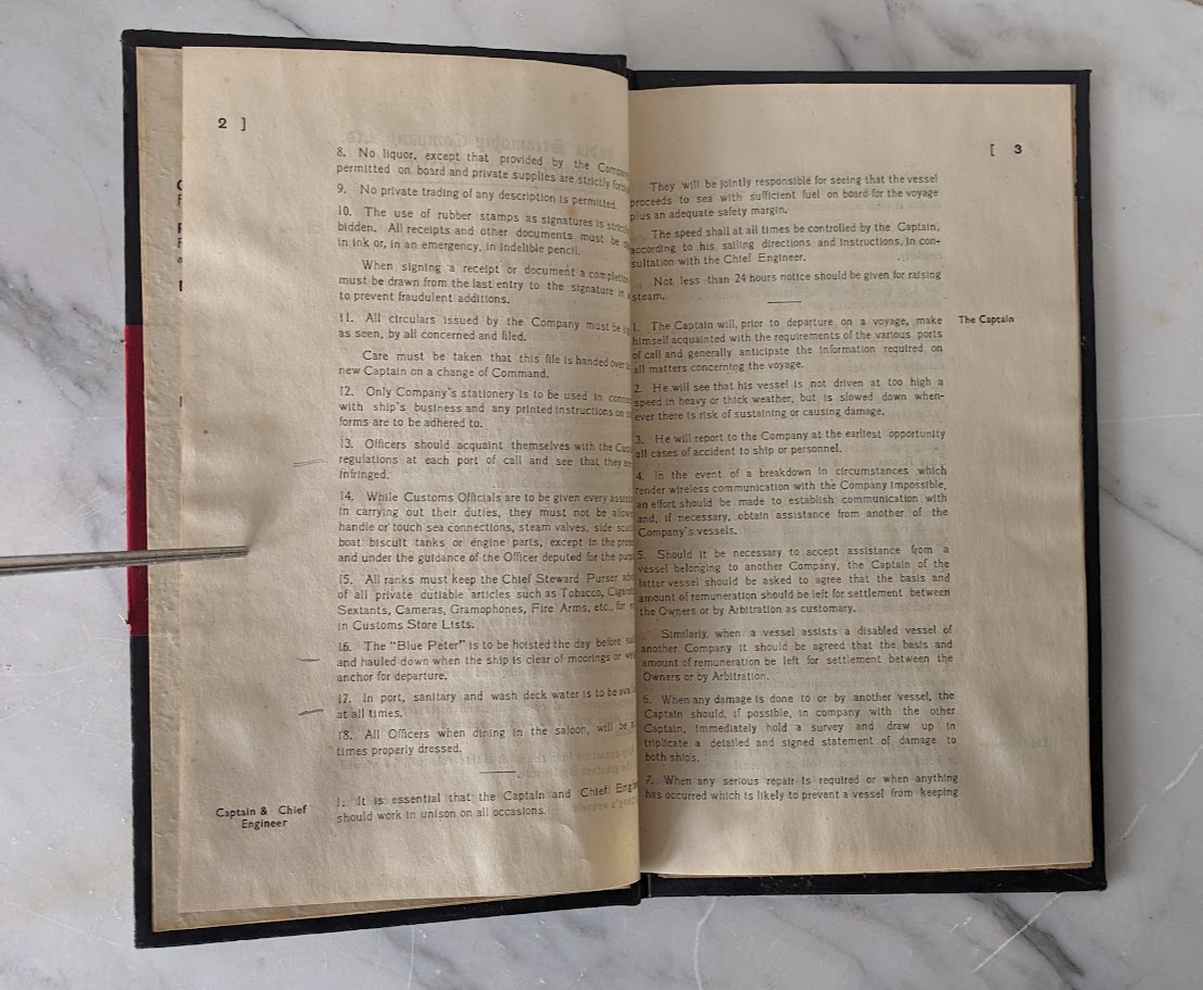 Pages inside - Rare India Steamship Company Service Regulations Book – Bolted Leather Binding - c.1930s