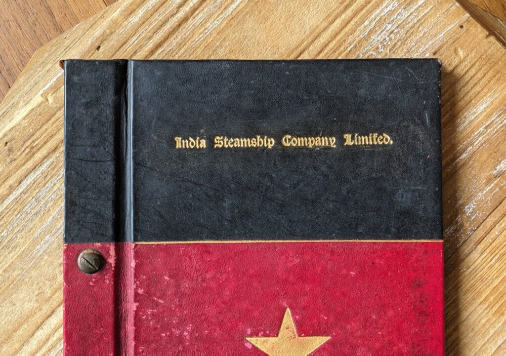 Rare India Steamship Company Service Regulations Book – Bolted Leather Binding - c.1930s - front panel up close