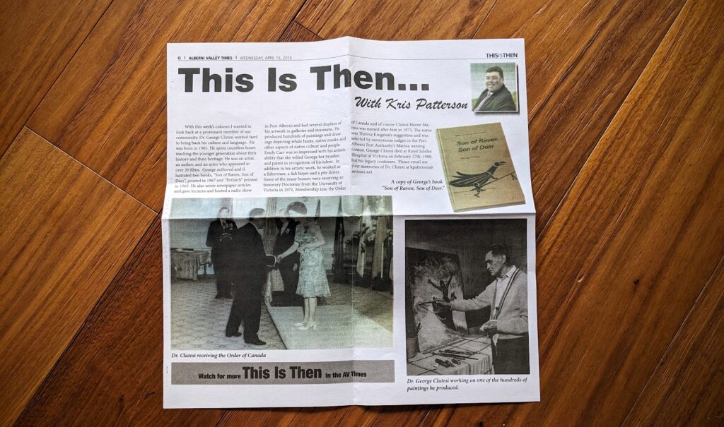 A colour photocopy of a 2015 Alberni Valley Times article showing Clutesi receiving the Order of Canada - ephemera inside a First Edition copy of Potlatch by George Clutesi