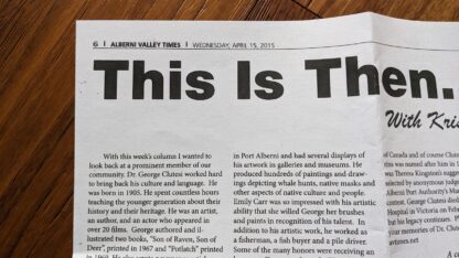 Date up close on a colour photocopy of a 2015 Alberni Valley Times article showing Clutesi receiving the Order of Canada