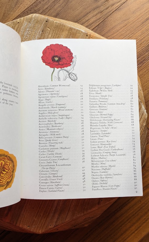 Page 1 of 4 of the Index - 1973 Wild Flowers – First Edition Featuring Redouté & Besler Illustrations - Published by Galahad Books