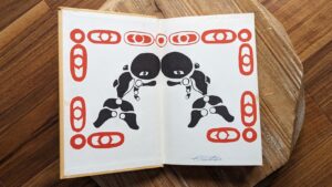 front pastedown and endpaper with George Clutesi's signature - 1967 Son of Raven, Son of Deer - Signed First Edition