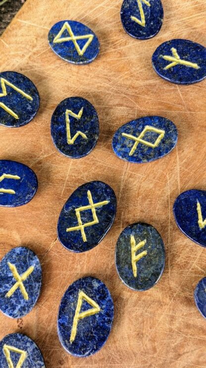 Close up view - Hand Carved Elder Futhark Rune set on 640 Ct of natural Blue Lapis with Gold Pyrite - Ash Tree Runes