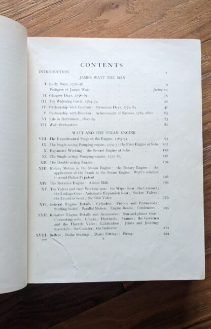 Contents page 1 of 2 (with tear) - 1927 James Watt and the Steam Engine The Memorial Volume