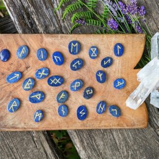 Hand Carved Elder Futhark Rune set on 640 Ct of natural Blue Lapis with Gold Pyrite - Ash Tree Runes