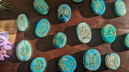 Hand-Carved Astrological Set on 1000 CT Natural Turquoise - Ash Tree Runes - A Close Look