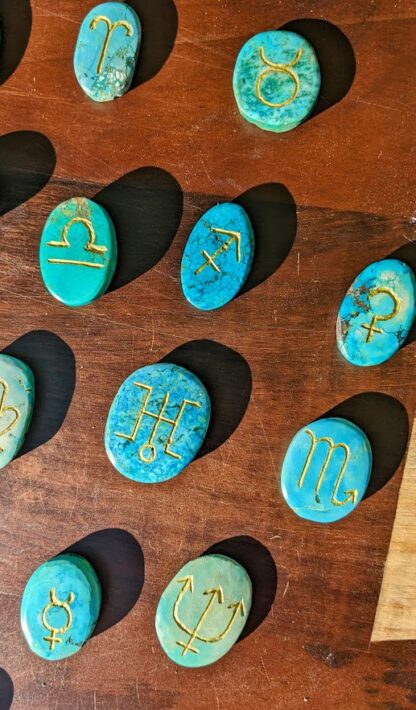 Hand-Carved Astrological Set on 1000 CT Natural Turquoise - Ash Tree Runes - stones up close