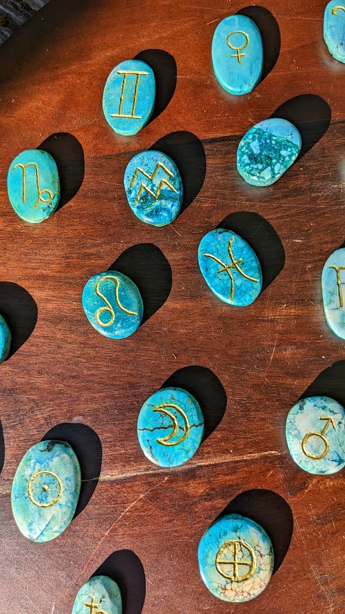 Hand-Carved Astrological Set on 1000 CT Natural Turquoise - Ash Tree Runes - up close
