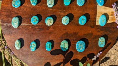 Planetary glyphs up close - Hand Carved Astrological Set on 1000 Ct Natural Turquoise - Ash Tree Runes