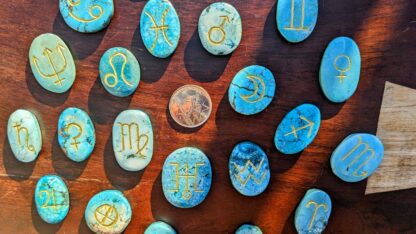 Up close with a quarter for size ratio - Hand-Carved Astrological Set on 1000 CT Natural Turquoise - Ash Tree Runes