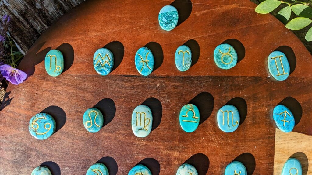 Zodiac signs up close - Hand Carved Astrological Set on 1000 Ct Natural Turquoise - Ash Tree Runes